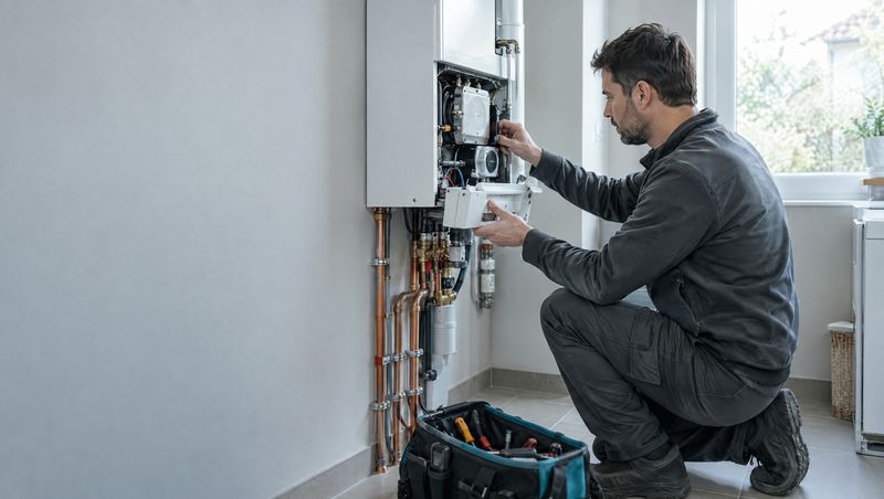 Technicien chauffagiste vérifiant l'intérieur d'une chaudière murale gaz