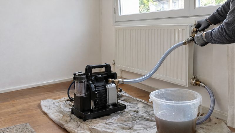 Pompe de désembouage raccordée à un radiateur, eau chargée de boues dans le seau