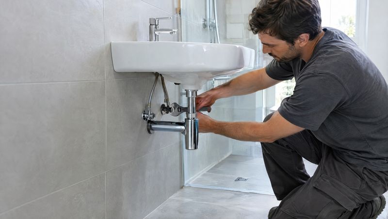 Plombier resserrant le siphon d'un lavabo dans une salle de bain refaite