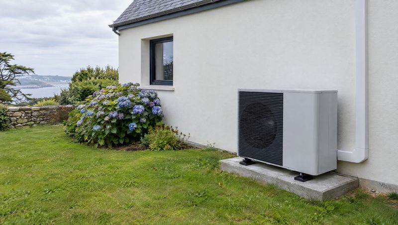 Unité extérieure de pompe à chaleur air/eau contre le mur d'une maison bretonne